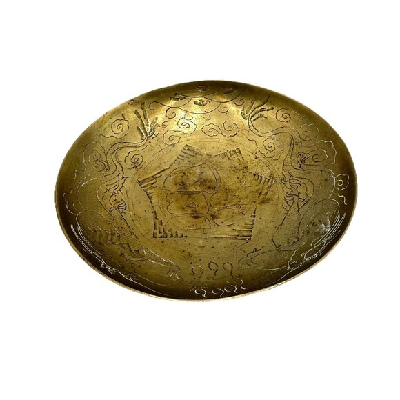Chinese Vintage Brass Dragon Etched Large Decorative Bowl - Picture 3 of 8